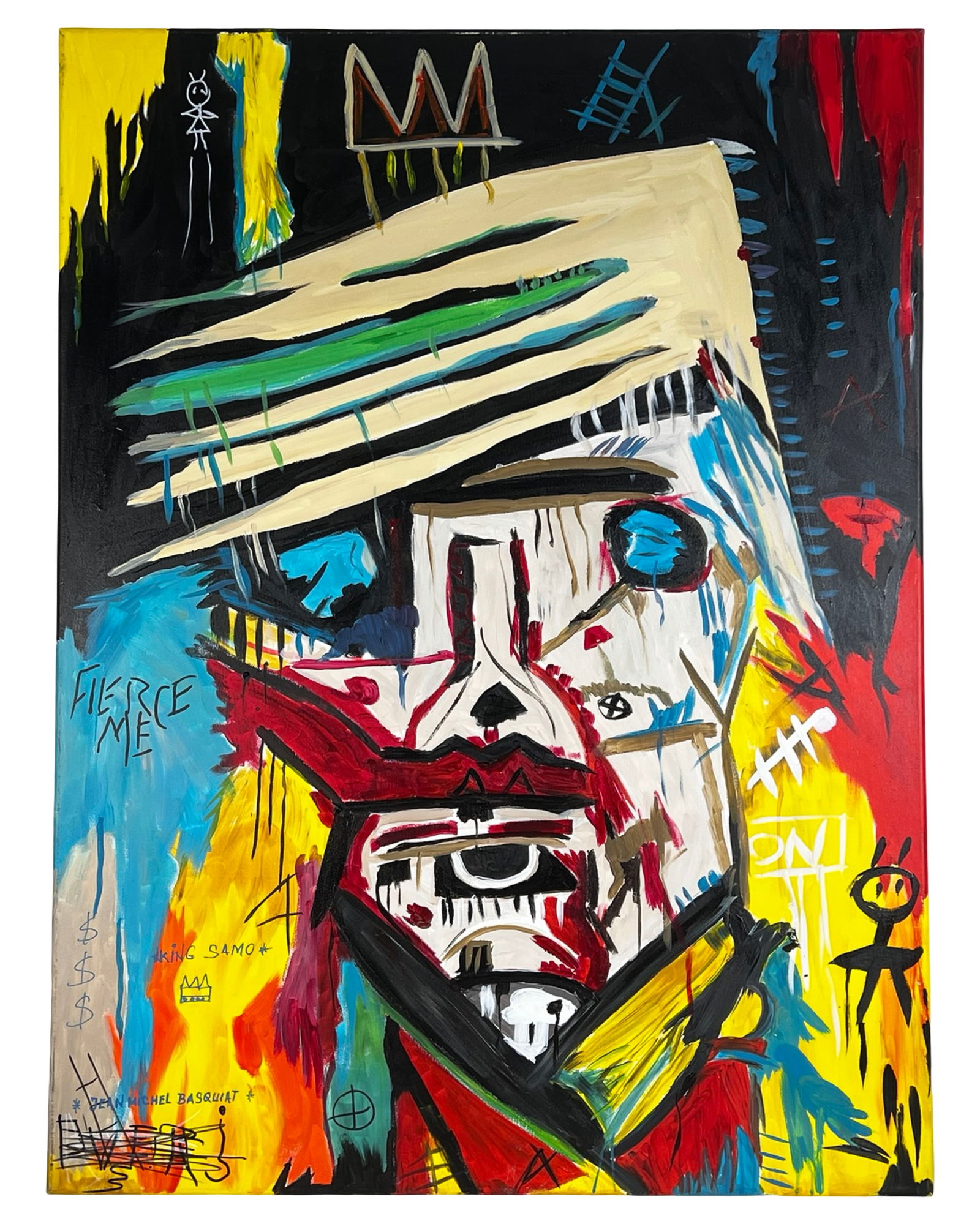 Jean-Michel Basquiat (Manner)- Portrait of Warhol: Large-scale oil painting depicting a fractured portrait of Andy Warhol, executed in a Neo-Expressionist style inspired by Jean-Michel Basquiat. The composition is driven by explosive fields of red, ye