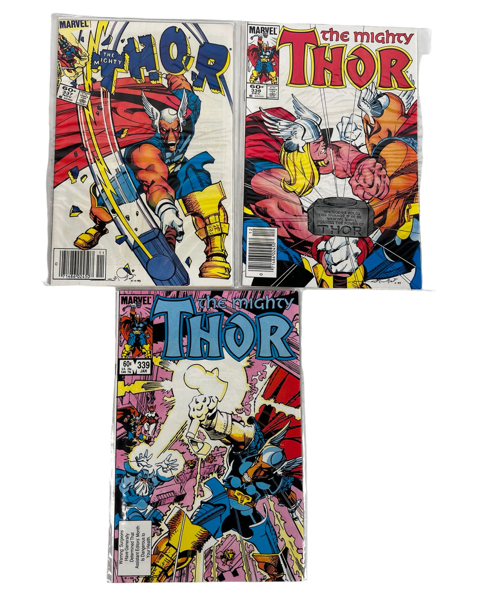 Marvel "The Mighty Thor" Comics - #337, #338, #339: Collection of 3 vintage Marvel comic books featuring "The Mighty Thor," including key issues #337 (Nov 1983), #338 (Dec 1983), and #339 (Jan 1984). These issues introduce the iconic Beta Ray Bill