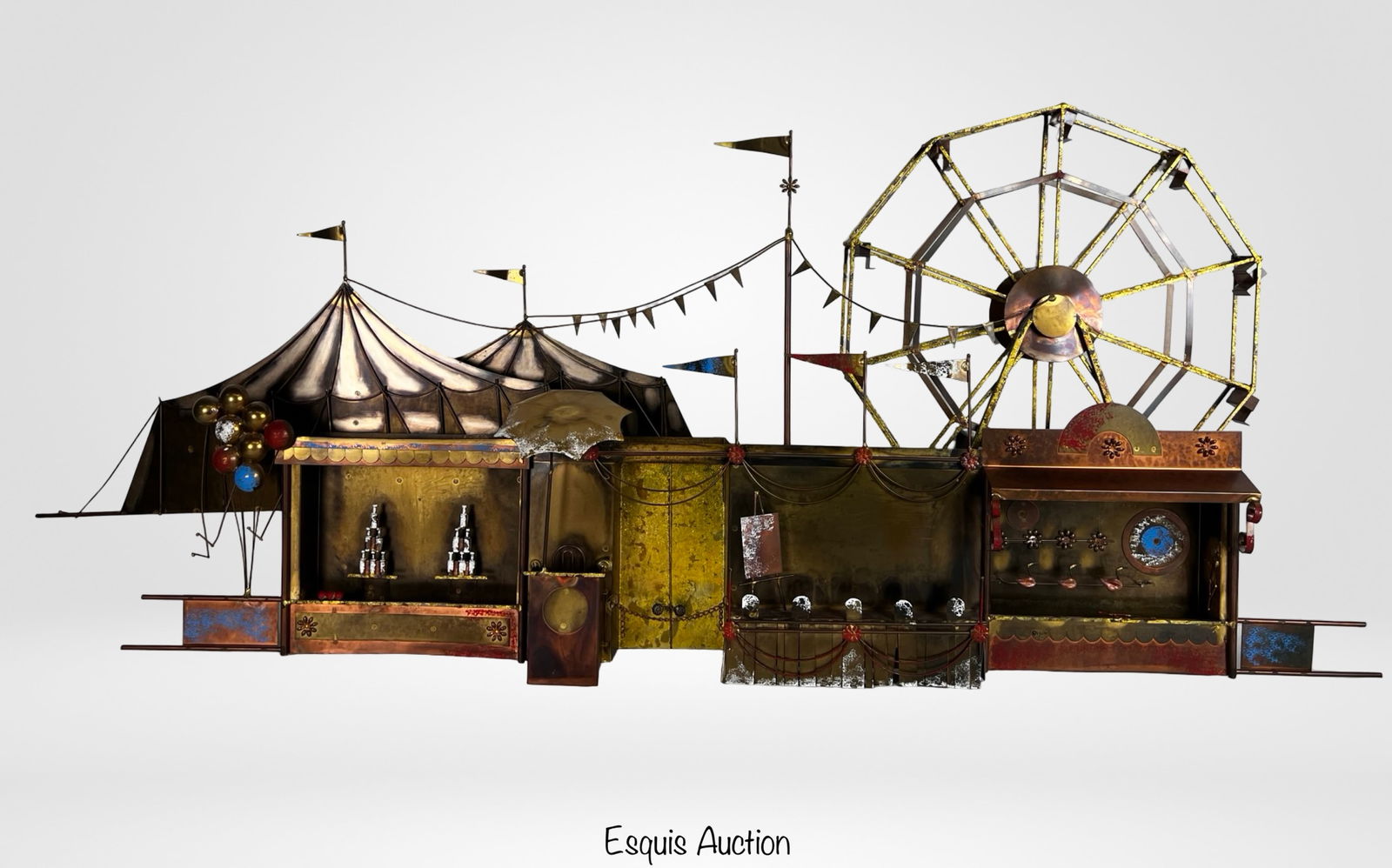 Curtis Jere "Carnival" Metal MCM Wall Sculpture: Large and whimsical vintage wall sculpture titled "Carnival" by Curtis Jere. Crafted in mixed metals, this lively piece features a Ferris wheel, carnival tents, balloon clusters, and classic midway ga