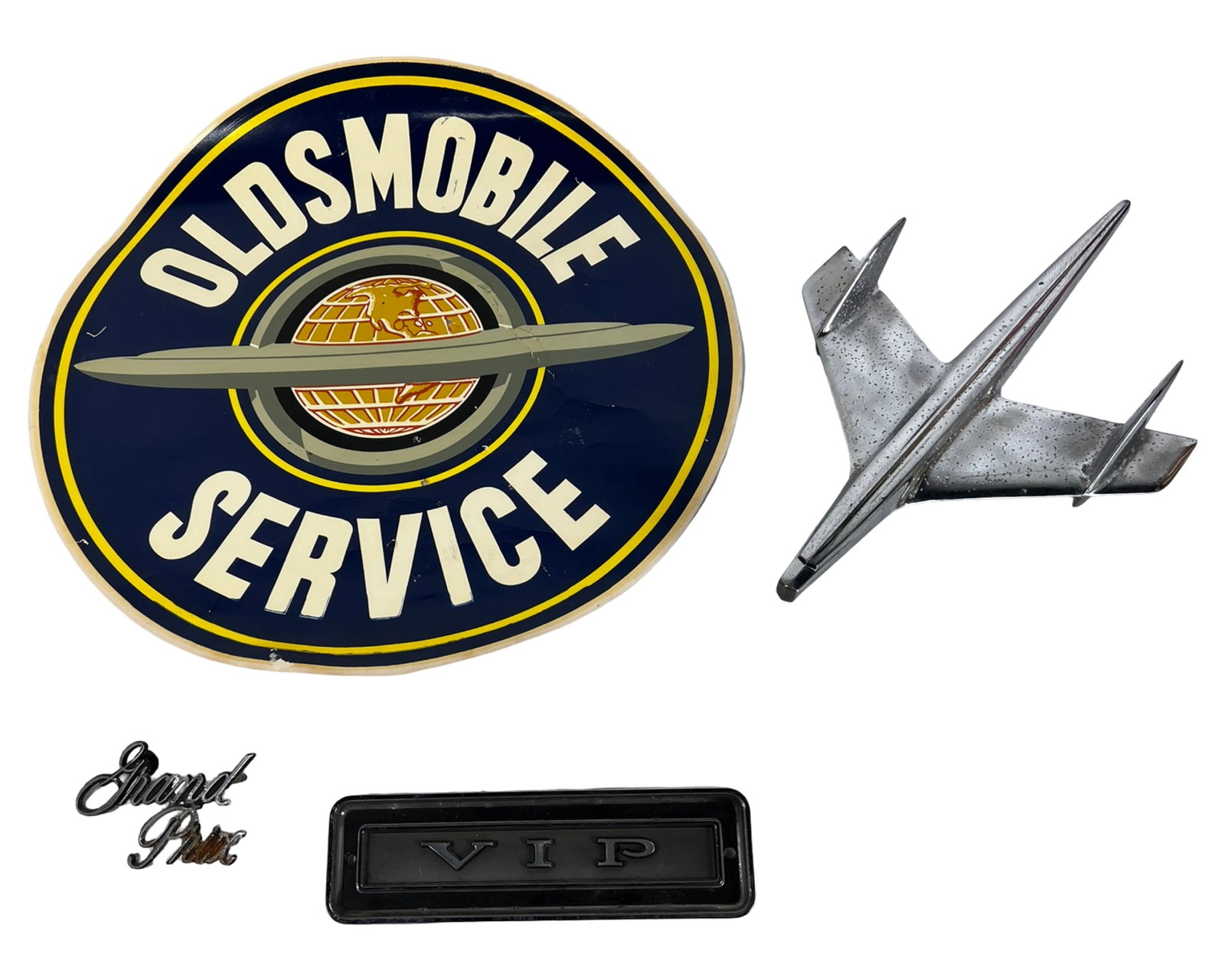 1950s Bel Air Hood Bird / Airplane Ornament &: Collection of classic American automotive pieces highlighted by a 1955 Chevrolet Bel Air hood bird / airplane hood ornament, featuring the iconic jet-age design with swept wings and a bold forward pro