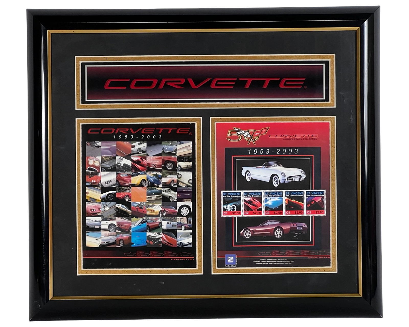Corvette 50th Anniv Framed Stamp Display: Limited edition licensed Corvette collectible celebrating fifty years of the iconic American sports car. This framed display features Corvette branding, a photographic montage spanning multiple genera