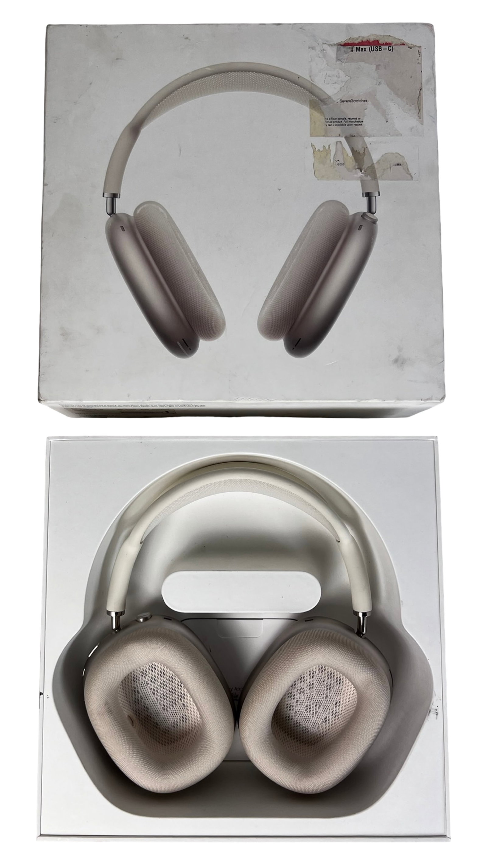 Apple AirPods Max Wireless Over-Ear Headphones: AirPods Max in Starlight color with original packaging. Cosmetically in fair condition with noticeable surface wear and visible scratches, primarily on the ear cups. Headband and ear cushions are in g