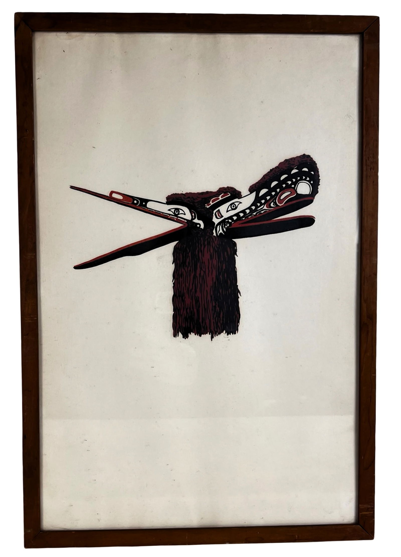 Northwest Coast Lithograph of Hamatsa Raven Mask: Striking lithograph print depicting a traditional Hamatsa Raven mask, also referred to as Huk Huk or Huxwhukw, rooted in the ceremonial practices of the Kwakwaka'wakw (Kwakiutl) people of British Colu