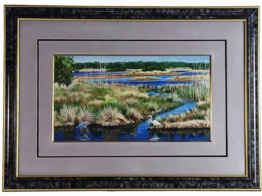 Phillip Powell - Realist Watercolor Landscape: A peaceful and detailed watercolor painting by Phillip Powell, depicting a natural wetland habitat with elegant white and blue cranes wading through reflective marsh waters. Executed in a realistic st