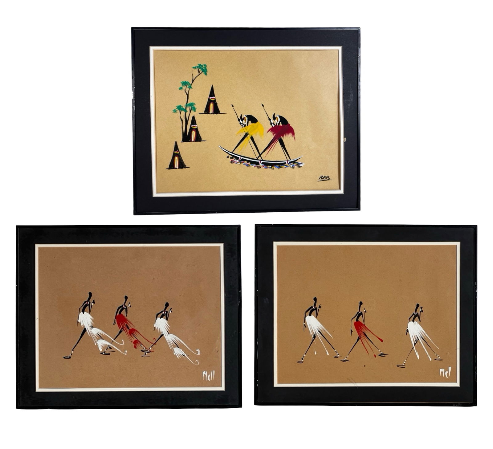 Mid-Century African Tribal Gouache Paintings: Group of three framed Mid-Century Modern African tribal gouache paintings on brown paper, each capturing stylized figures in motion with bold, minimal brushstrokes. Two are signed "Mell" and one is si