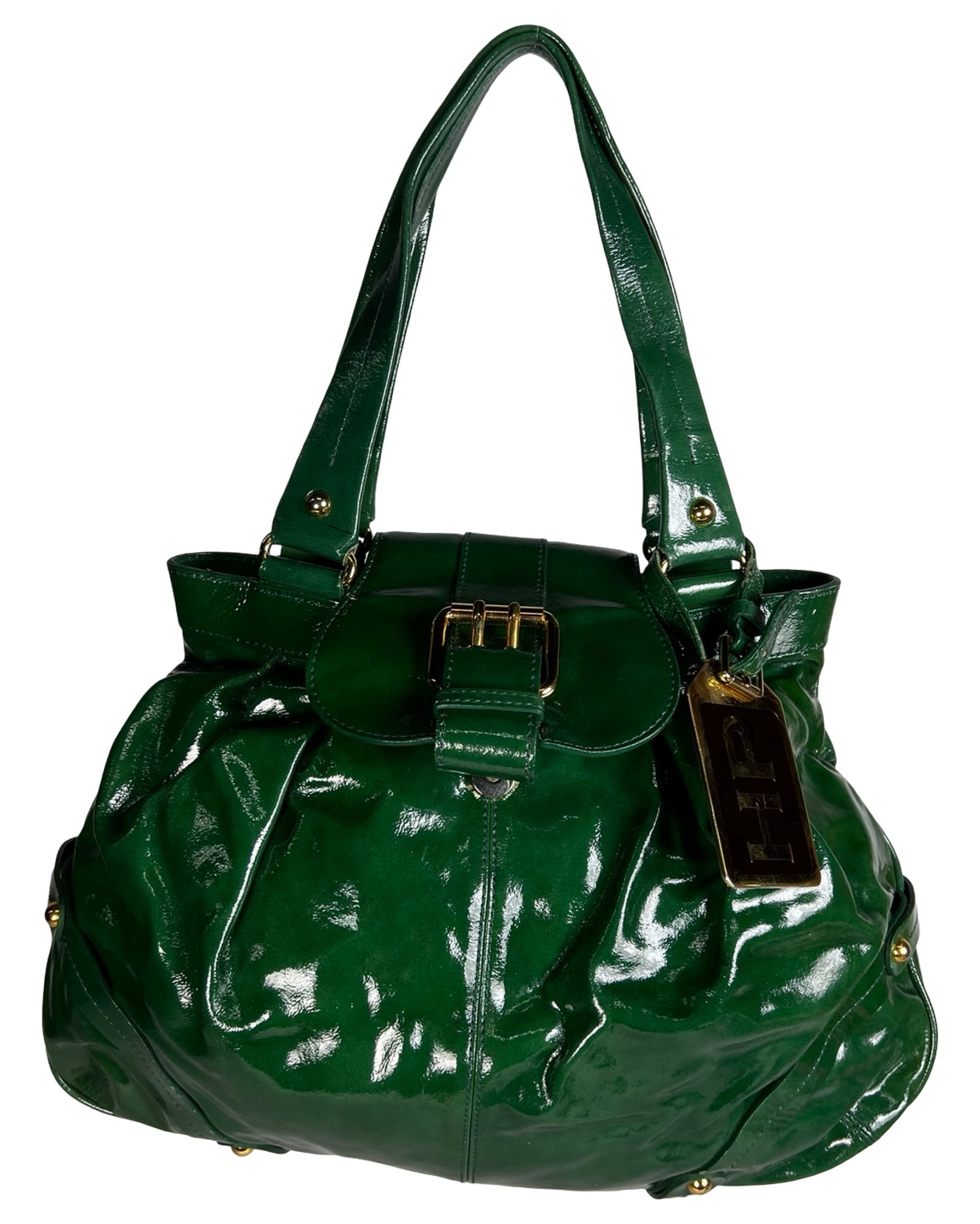Dooney & Bourke Green Hayden Panettiere Hobo Bag: Limited edition hobo-style handbag by Dooney & Bourke, designed in collaboration with actress Hayden Panettiere. Crafted in glossy green patent leather with gold-tone hardware, dual rolled handles, an