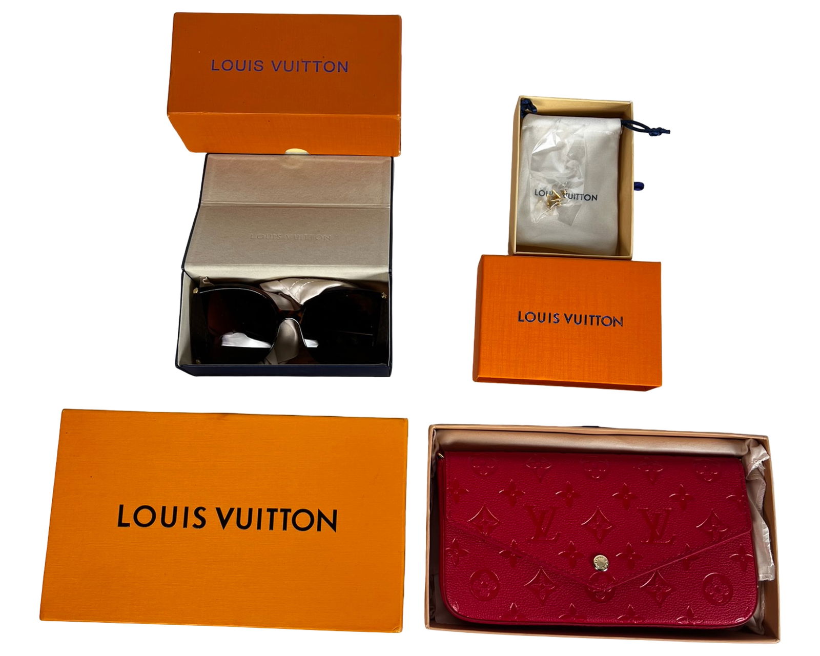 Designer-Inspired Fashion Accessories Collection: Stylish trio of women's fashion accessories including a bold pair of oversized tortoiseshell sunglasses with etched monogram accents, a red faux-leather wristlet clutch with embossed monogram pattern