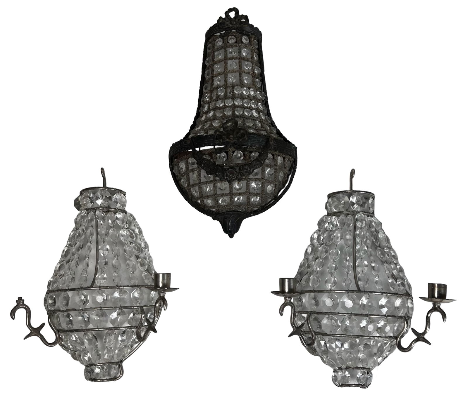French Empire Style Crystal Wall Sconce & Candelab: This elegant three-piece lighting set includes one crystal wall sconce and a matching pair of crystal wall-mounted candelabras, each constructed in the French Empire style. The sconce features a tiere