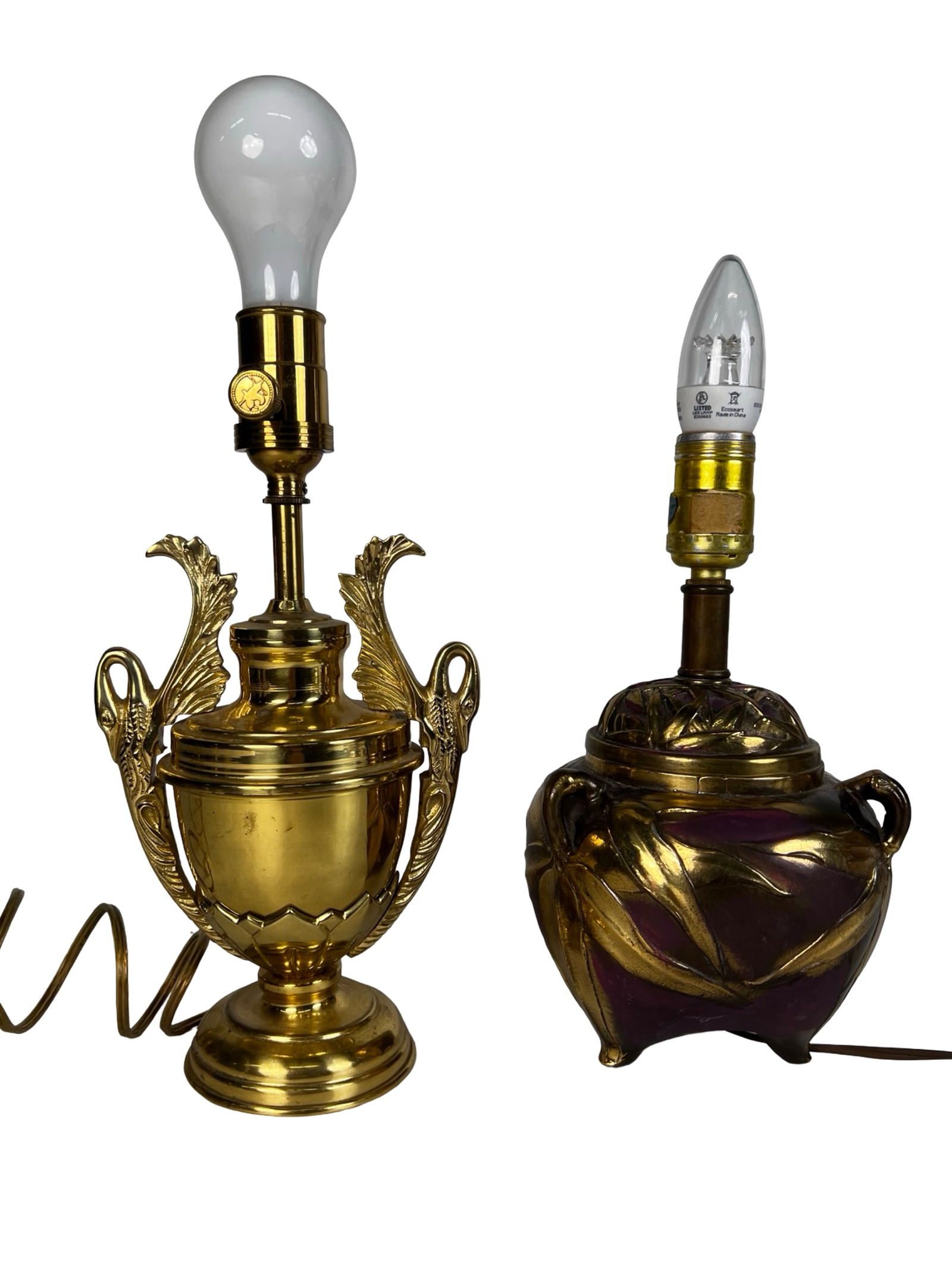 Ethan Allen & Di Erras Brass & Bronze Table Lamps: air of vintage table lamps featuring classic urn or ginger jar forms. Includes an Ethan Allen bronze table lamp with bamboo foliage motif and raised leaf detailing, along with a Di Erras brass Neo-Cla