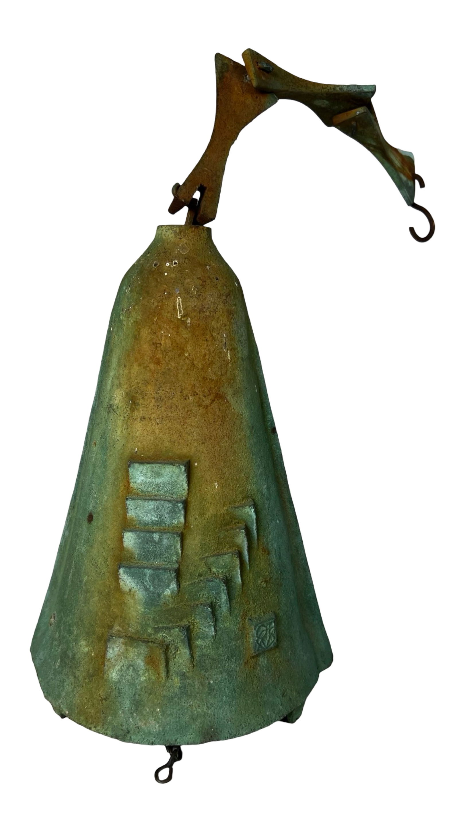 Paolo Soleri Modernist Cast Bronze Wind Bell: Striking and sculptural, this vintage cast bronze wind bell by visionary architect and designer Paolo Soleri features a deeply weathered verdigris patina and modernist relief motifs resembling