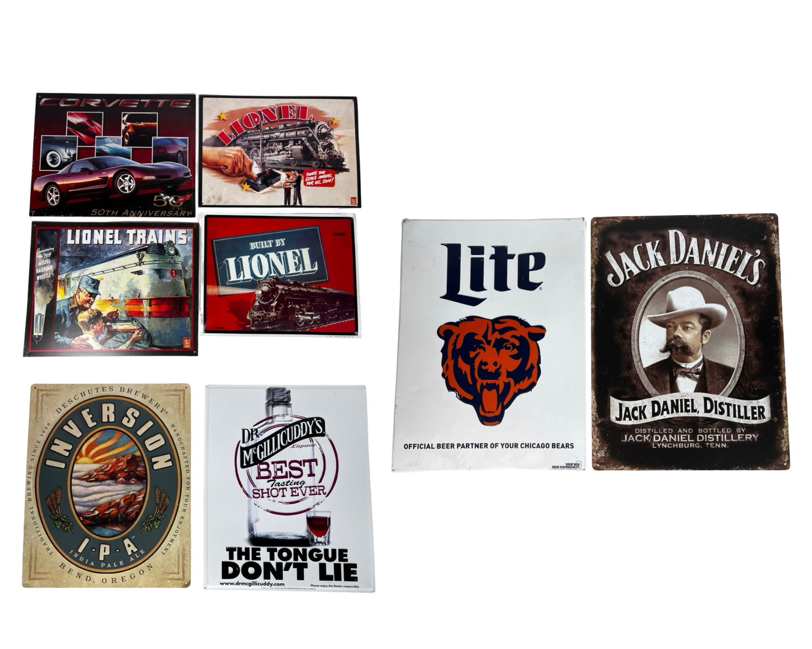 Tin Advertising Signs Lot,- Bikes, Trains & Spirit: Mixed lot of decorative tin advertising signs featuring brands including Lionel, Chevrolet (Corvette), Miller Lite (Chicago Bears), Jack Daniel's, Deschutes Brewery, and Dr. McGillicuddy's. Largest