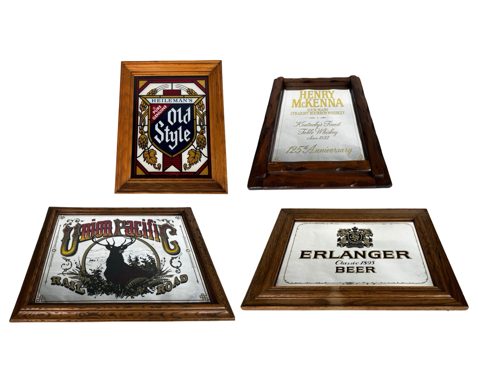 Advertising Bar Mirrors Lot, Beer, Whiskey & RR: Group of decorative advertising bar mirrors featuring brands including Heileman's Old Style, Henry McKenna, Union Pacific Railroad, and Erlanger Beer. All are framed examples intended for bar or wall