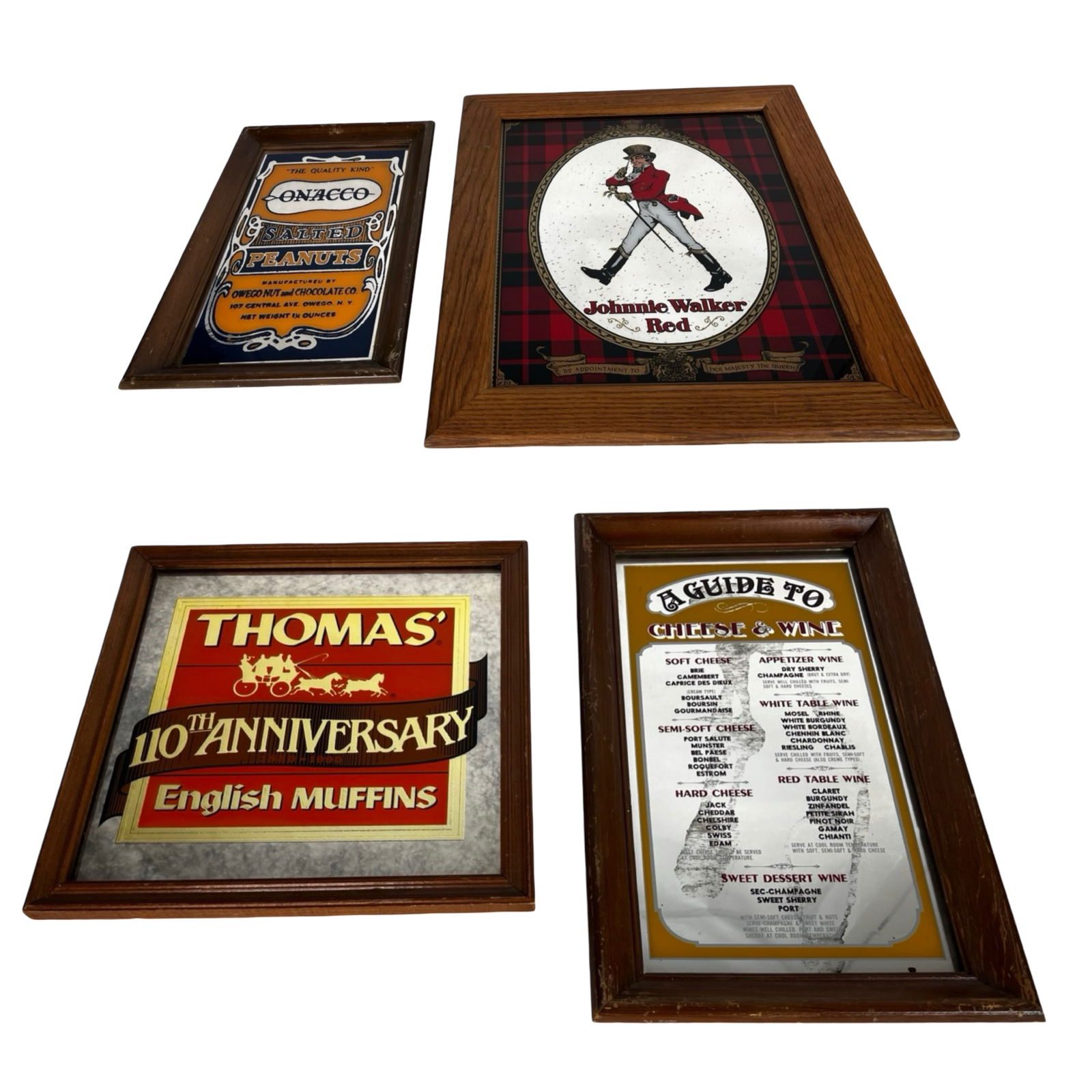 Assorted Advertising Bar Mirrors Lot: Mixed lot of framed advertising bar mirrors featuring brands and themes including Johnnie Walker Red, Thomas' English Muffins (110th Anniversary), Conaco Salted Peanuts, and a vintage "Guide to