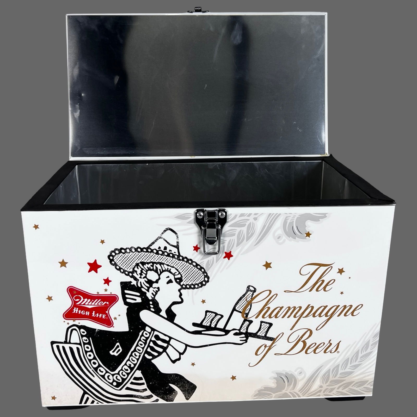 Miller High Life Advertising Metal Lim Ed Cooler: This striking Miller High Life metal cooler features bold retro-style graphics with the brand's iconic imagery, including the "girl in the moon" waitress and the "Champagne of Beers" slogan. Produced