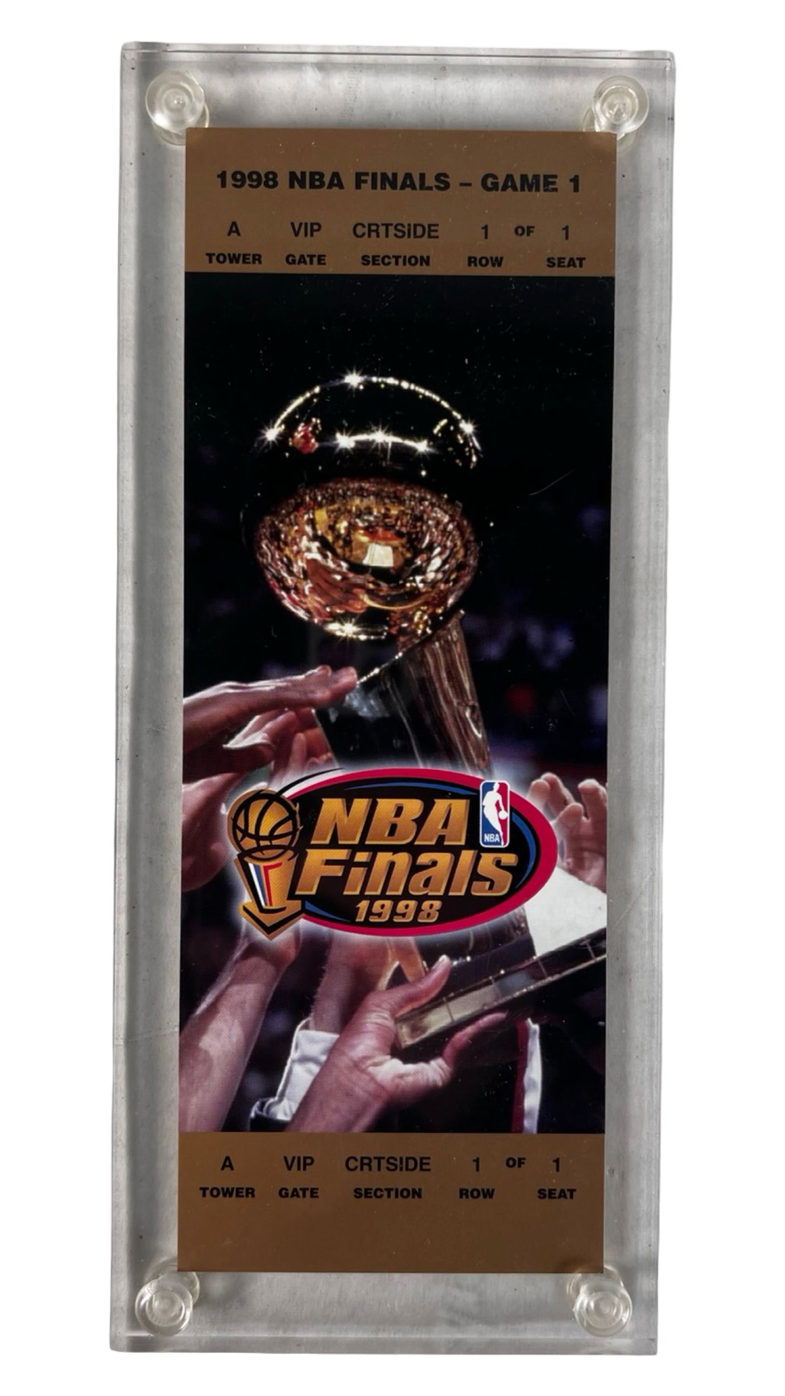 1998 NBA Finals Game 1 Ticket, Bulls vs. Jazz: 1998 NBA Finals Game 1 ticket featuring the Chicago Bulls vs. Utah Jazz, encapsulating the opening game of the championship series that concluded Michael Jordan's iconic Bulls career.