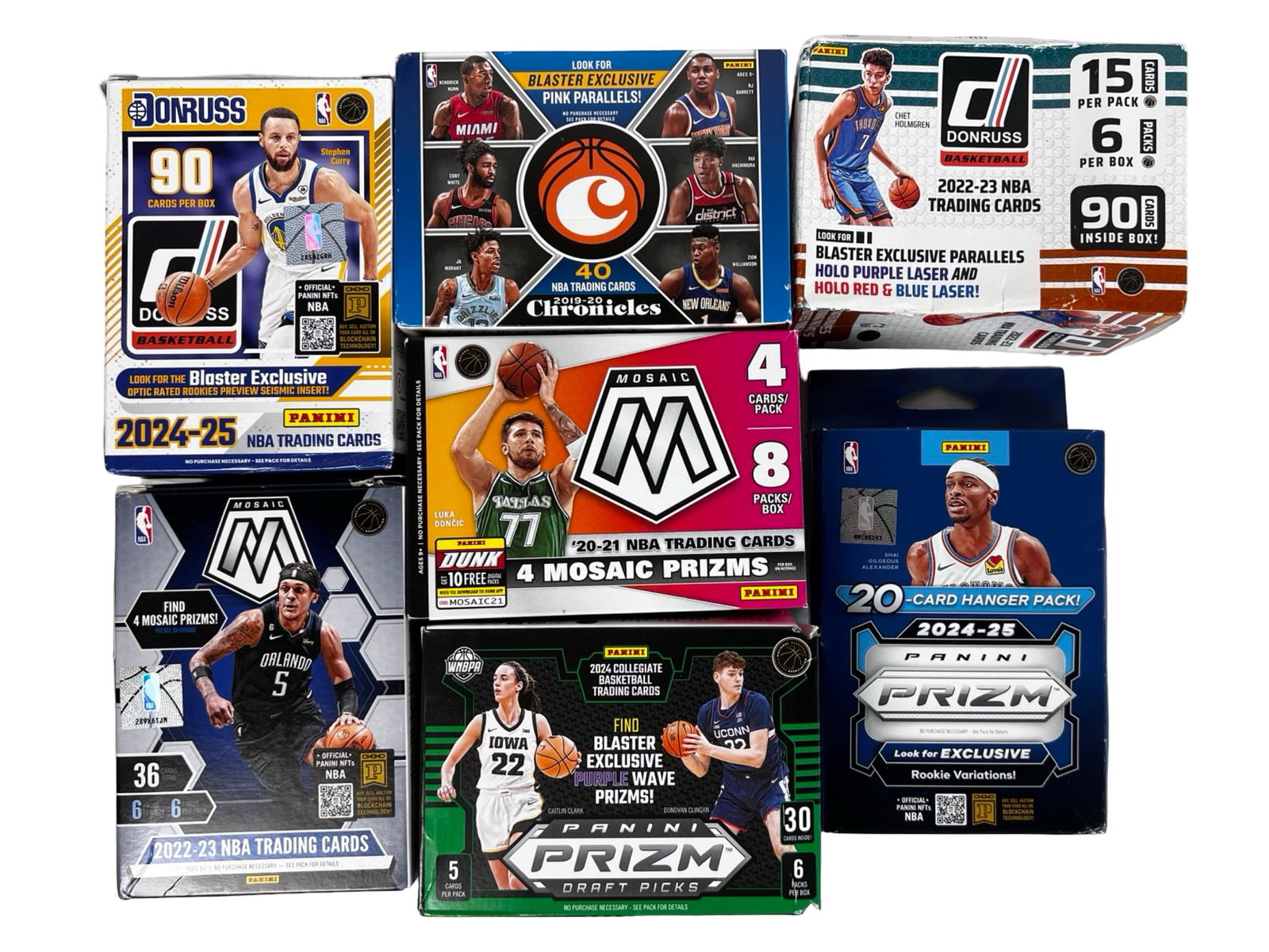 Basketball Trading Card Box Lot - 2019-2025: Mixed lot of basketball trading card box sets spanning multiple years, including Donruss NBA Trading Cards from 2022-23 and 2024-25, Chronicles NBA Trading Cards from 2019-20, Mosaic NBA Trading Cards