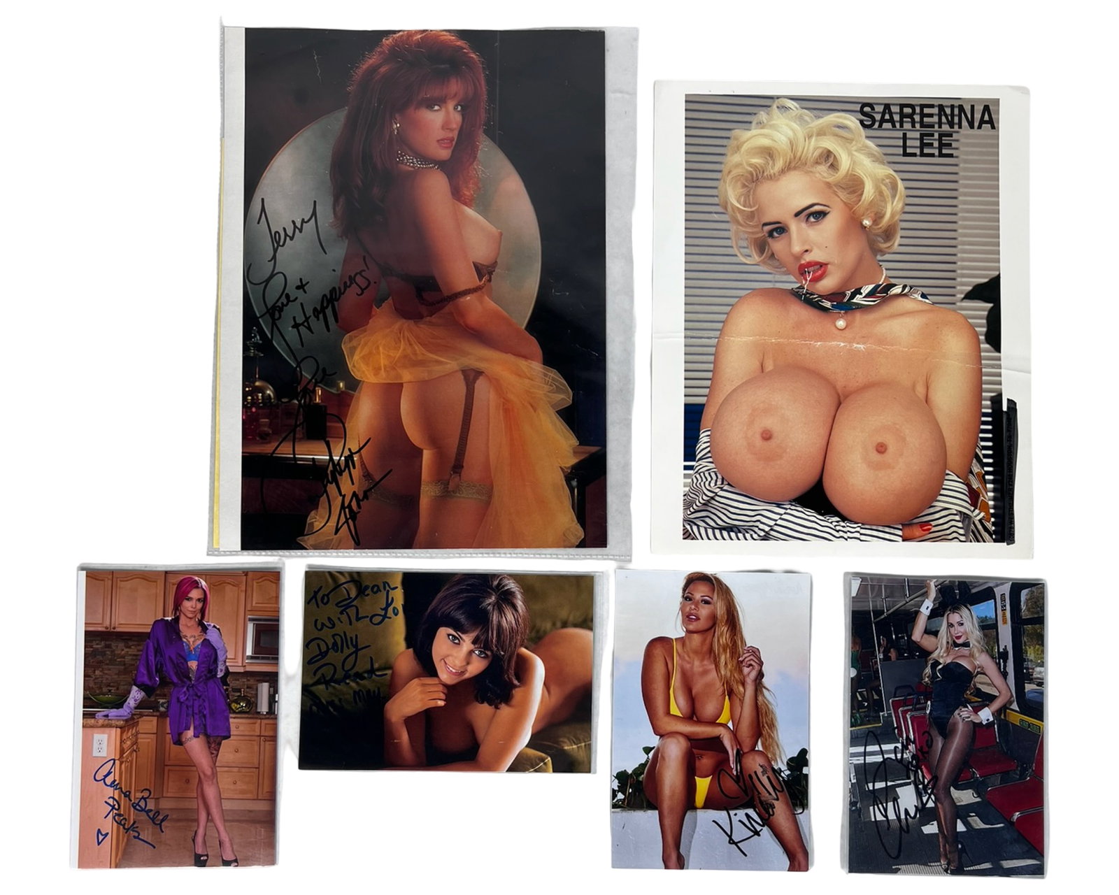 Playboy Playmates & Adult Film Stars Signed Photos: Collection of six signed promotional and modeling photographs featuring notable Playboy Playmates and adult film actresses. Includes a nude March 1992 centerfold page signed by Tylyn John, accompanied