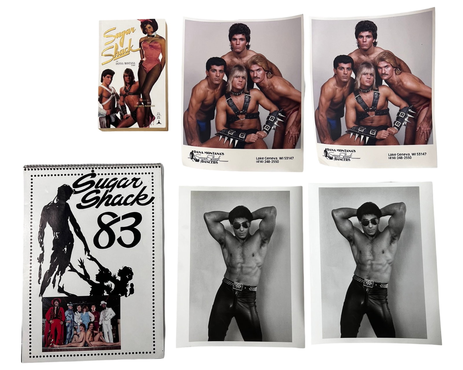 1983 Sugar Shack Calendar & Male Strippers Photos: Collection of 1980s promotional materials related to Danna Montana's "Sugar Shack" male revue troupe, based in Lake Geneva, Wisconsin. Includes a rare Sugar Shack '83 wall calendar featuring black-and