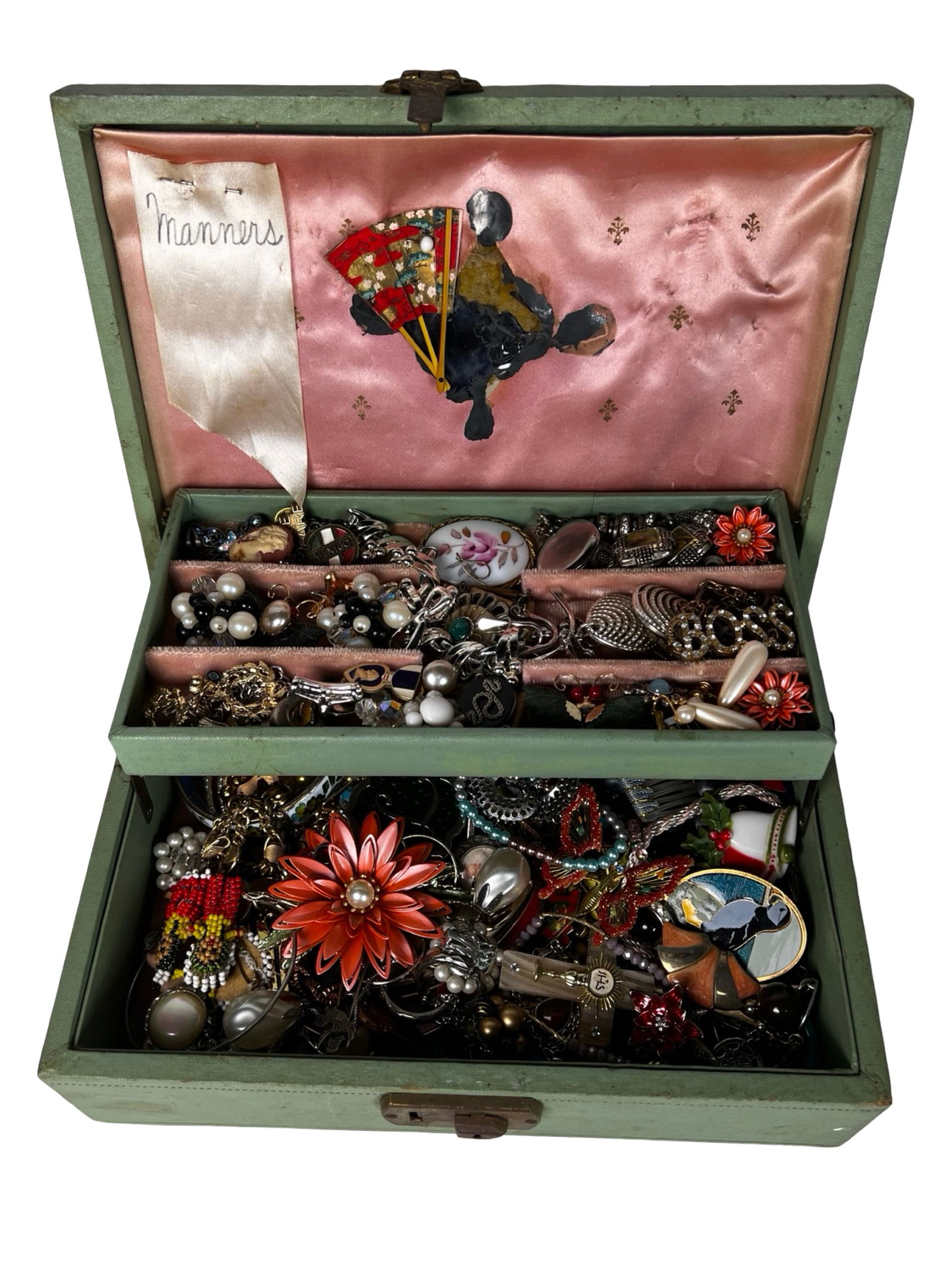 Vintage Jewelry Box Filled with Unsearched Jewelry: Unlock the lid of this vintage jewelry box and discover a trove of unsearched treasures waiting to be explored. The box overflows with an eclectic assortment of costume jewelry including necklaces, br