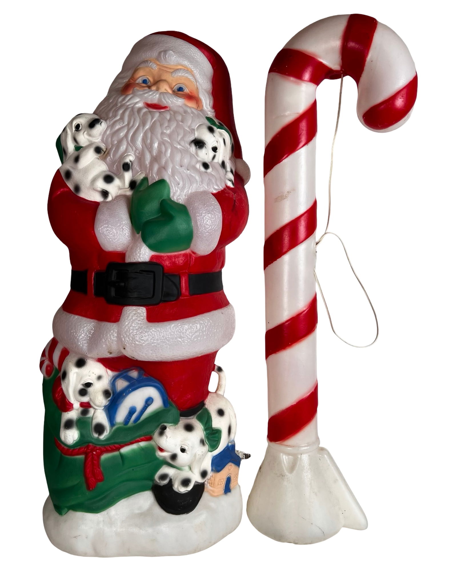 Vintage TPI Santa Claus Blow Mold with Candy Cane: Charming vintage holiday blow mold yard display featuring a 42" tall Santa Claus holding playful Dalmatian puppies, made by TPI (Toy Plastic Products). Includes matching lighted red and white striped