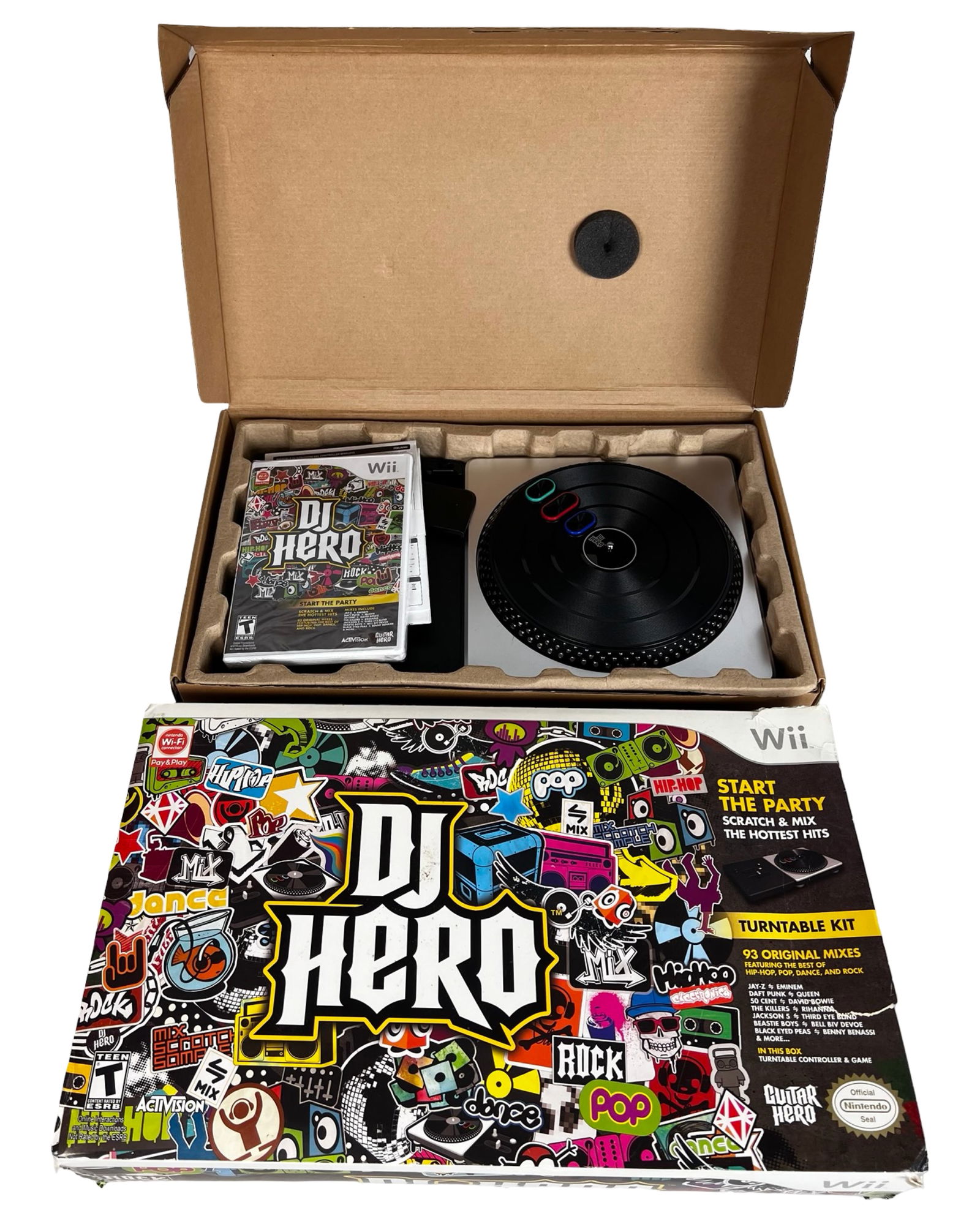 DJ Hero Turntable Bundle for Nintendo Wii- Unused: DJ Hero turntable controller bundle for Nintendo Wii, complete in original packaging. Includes the wireless turntable controller, DJ Hero game disc with case and manual, and inner protective packing.