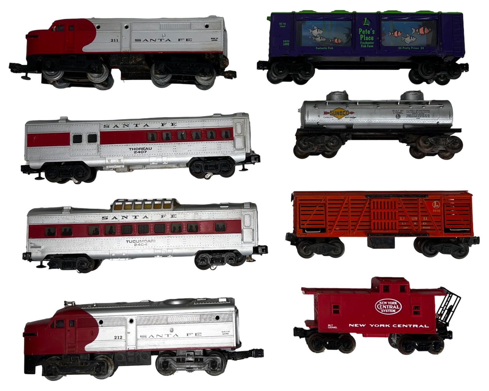 Lionel Santa Fe O Gauge Diesel Train Set & Extra: This vintage Lionel O gauge train lot centers around a classic Santa Fe diesel passenger set, featuring both the powered (#211) and dummy (#212) locomotives in iconic silver and red Warbonnet livery.