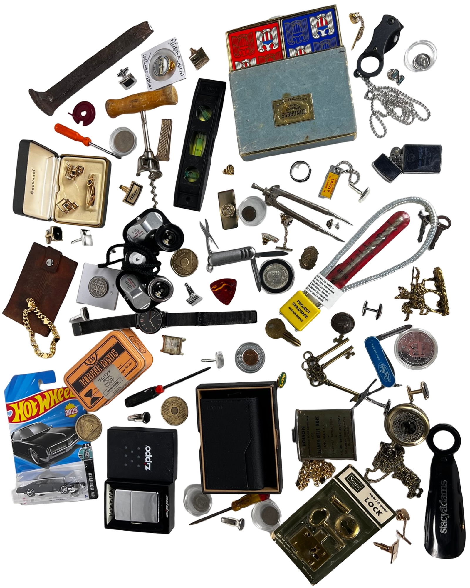 Grandpa's Junk Drawer Lot - Coins, Zippos, Cuffli: A nostalgic and eclectic drawer-find lot packed with vintage character and collectible appeal. Includes assorted Zippo lighters (some boxed), pocket knives coins, cufflinks, keychains, locks, and men'