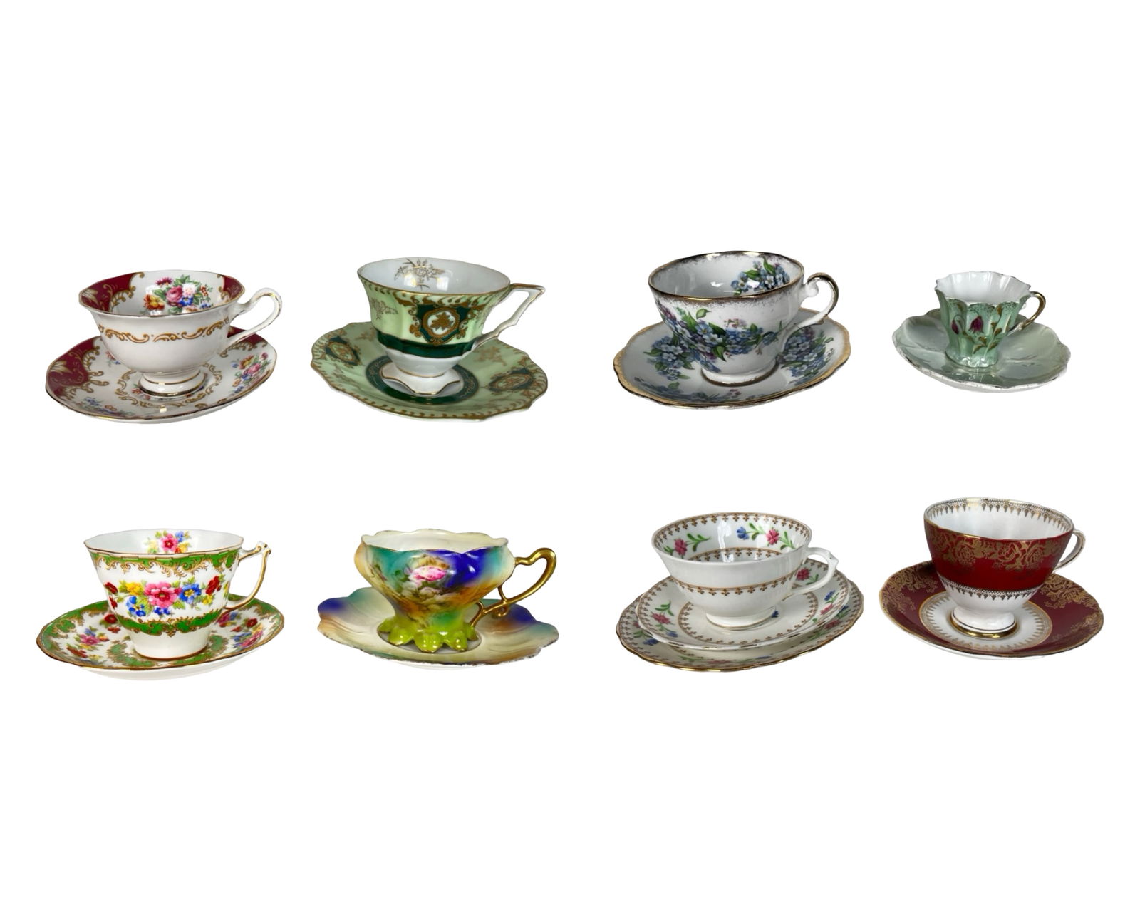 Antique Porcelain Demitasse Cups and Saucers: A delightful assortment of antique and vintage porcelain demitasse cups and saucers showcasing a wide range of decorative styles. The group features hand-painted floral motifs, gilt and banded accents