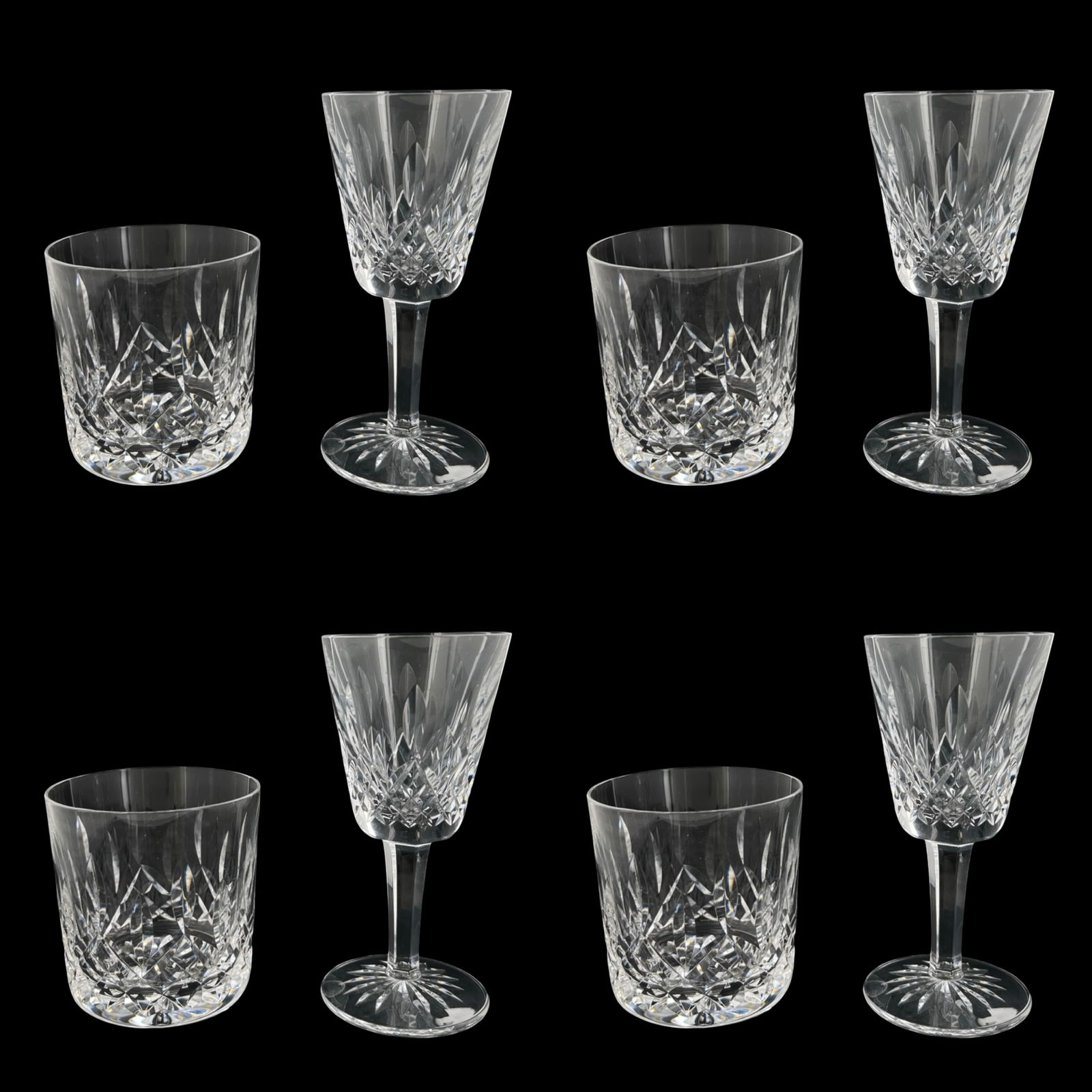 Waterford Lismore Crystal- Wine & Tumbler Glasses: Elegant Waterford crystal glassware in the iconic Lismore pattern, featuring a matched set of claret or wine glasses and classic tumblers. This group includes four stemmed wine glasses and four old