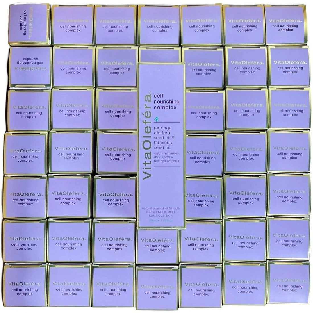 VitaOlefera Cell Nourishing Complex Skincare Serum: Large lot of VitaOlefera Cell Nourishing Complex skincare serums formulated with moringa oleifera seed oil and hibiscus seed oil. This offering includes a full box of 49 bottles, each containing appro