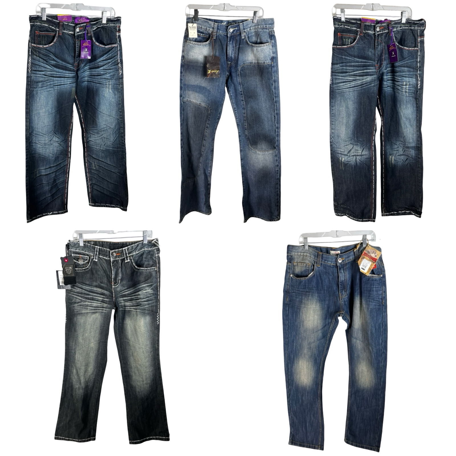 Group of Designer Denim Jeans Assorted Sizes New: Collection of five pairs of designer jeans, all new with original tags. The group includes assorted premium denim styles with distinctive stitching, embellished pocket designs, and varied washes. Size