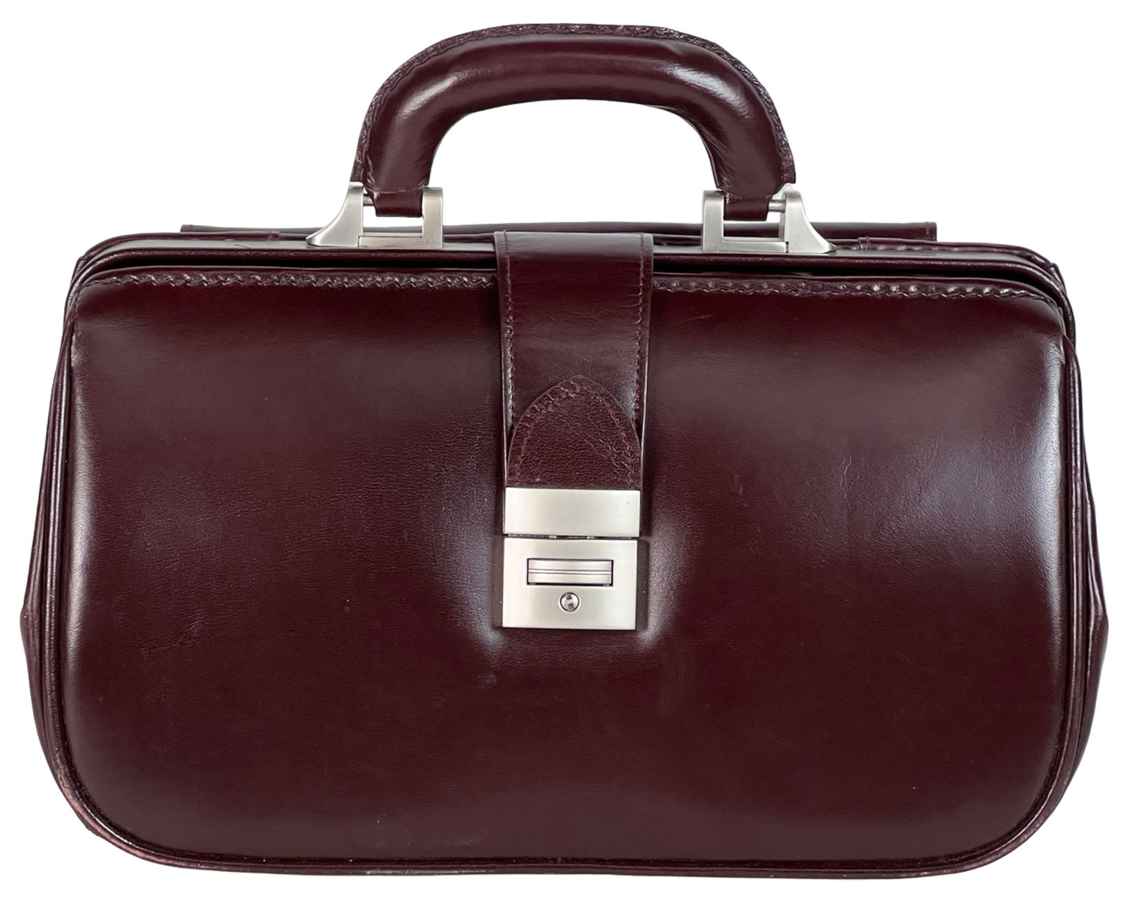 Burgundy Leather Doctor's Bag Style Case: Classic structured doctor's bag crafted from deep burgundy genuine leather with silver-tone hardware and a locking clasp closure. The interior is lined with black fabric and features a zip pocket and