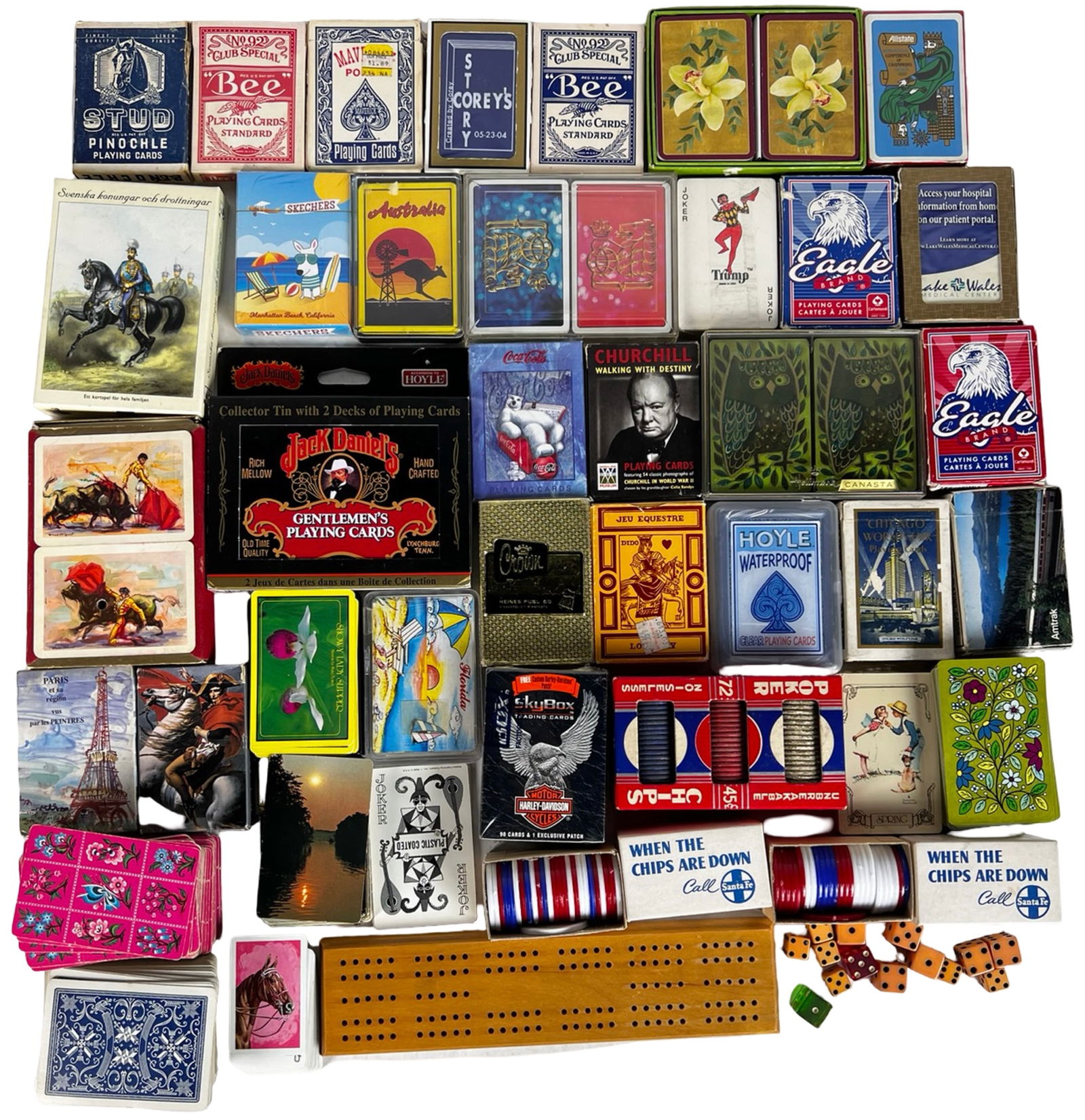 Vintage Playing Card Collection w/ Poker Chips: mixed lot of vintage and contemporary playing card decks, poker chips, and game accessories. Includes themed decks featuring brands like Jack Daniel's, Harley-Davidson, Coca-Cola, and Churchill, along