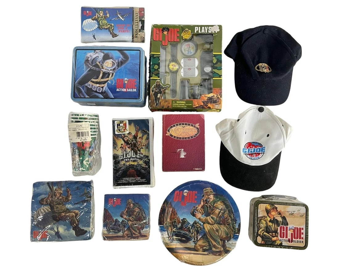 Vintage G.I. Joe Party Supplies, Cookie Tins, Pla: Assorted vintage G.I. Joe themed items, including sealed party supplies such as paper plates, multiple sealed napkin designs, unopened packs of party cups, and a sealed set of invitations with