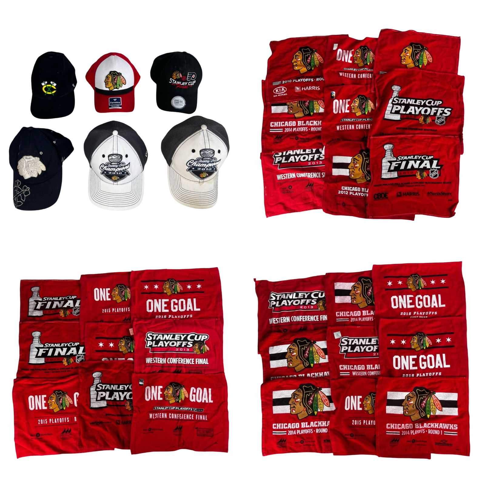 Chicago Blackhawks Hockey Rally Towels & Caps: Massive Chicago Blackhawks fan memorabilia collection featuring 44 red rally towels from various NHL Stanley Cup Playoff seasons. Towels span from 2010 to 2016 and include editions from multiple