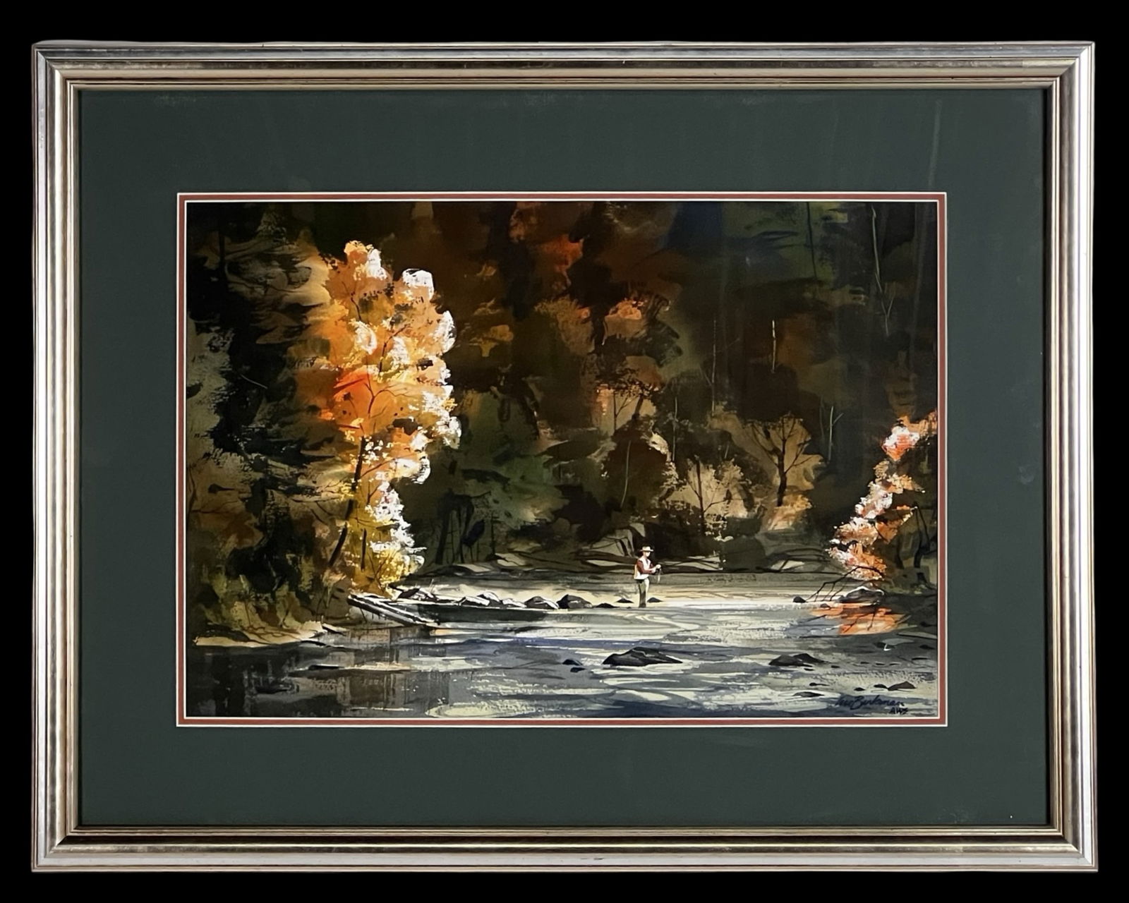 Michael Barkman Impressionist Landscape Watercolor: This evocative watercolor by Michael H. Barkman captures a quiet woodland stream scene rendered with expressive brushwork and a restrained, earthy palette. Autumnal foliage frames the composition,