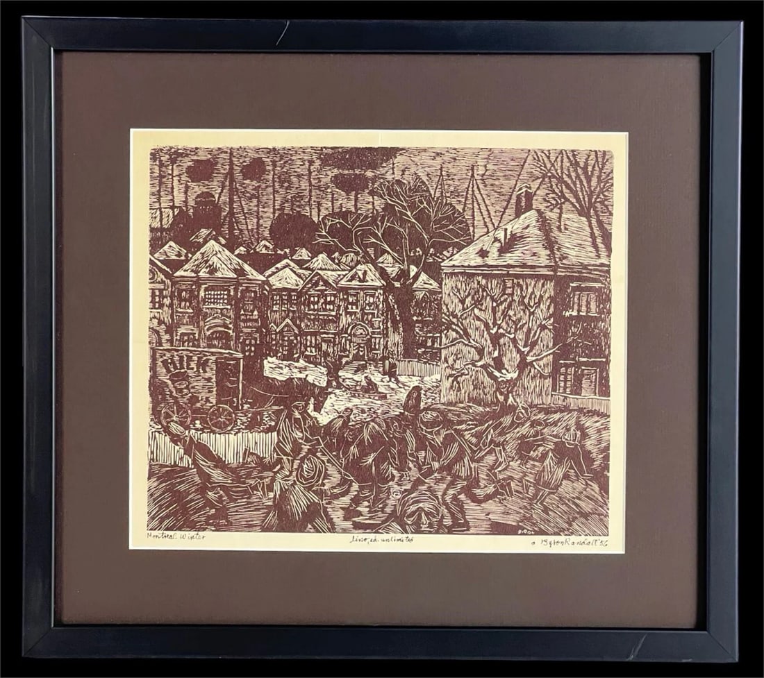 Byron Randall - Montreal Winter Block Print: Striking mid-century linocut titled "Montreal Winter" by American social realist artist Byron Randall (1918-1999). This expressive print captures the bustling energy of urban street life in