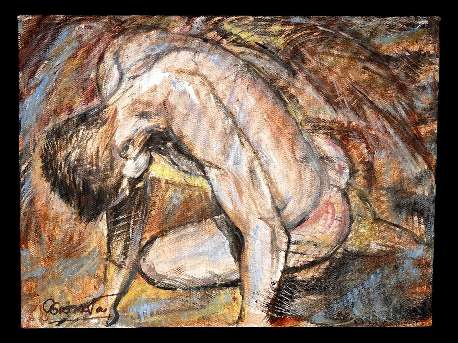 Oksana Grineva Reclining Nude Sensual Oil Painting: This evocative oil painting by Oksana Grineva presents a reclining nude figure rendered in expressive, gestural brushwork. The composition emphasizes the natural curve and tension of the human form, c