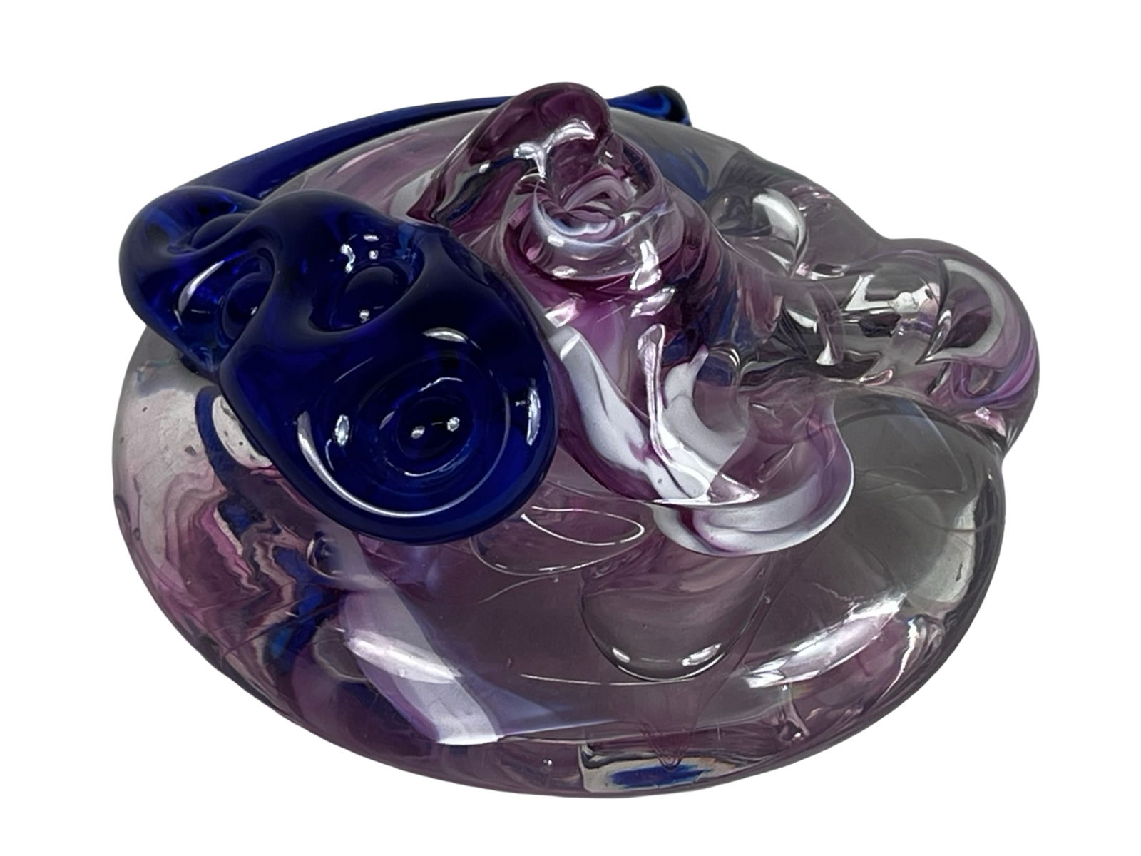 Scott Bisson "Vulcano" Art Glass Vase / Pen Holder: Hand-blown studio art glass vessel titled "Vulcano" by Scott Bisson, featuring a low, organic sculptural form with flowing layers of translucent smoky gray and amethyst glass accented by a bold cobalt