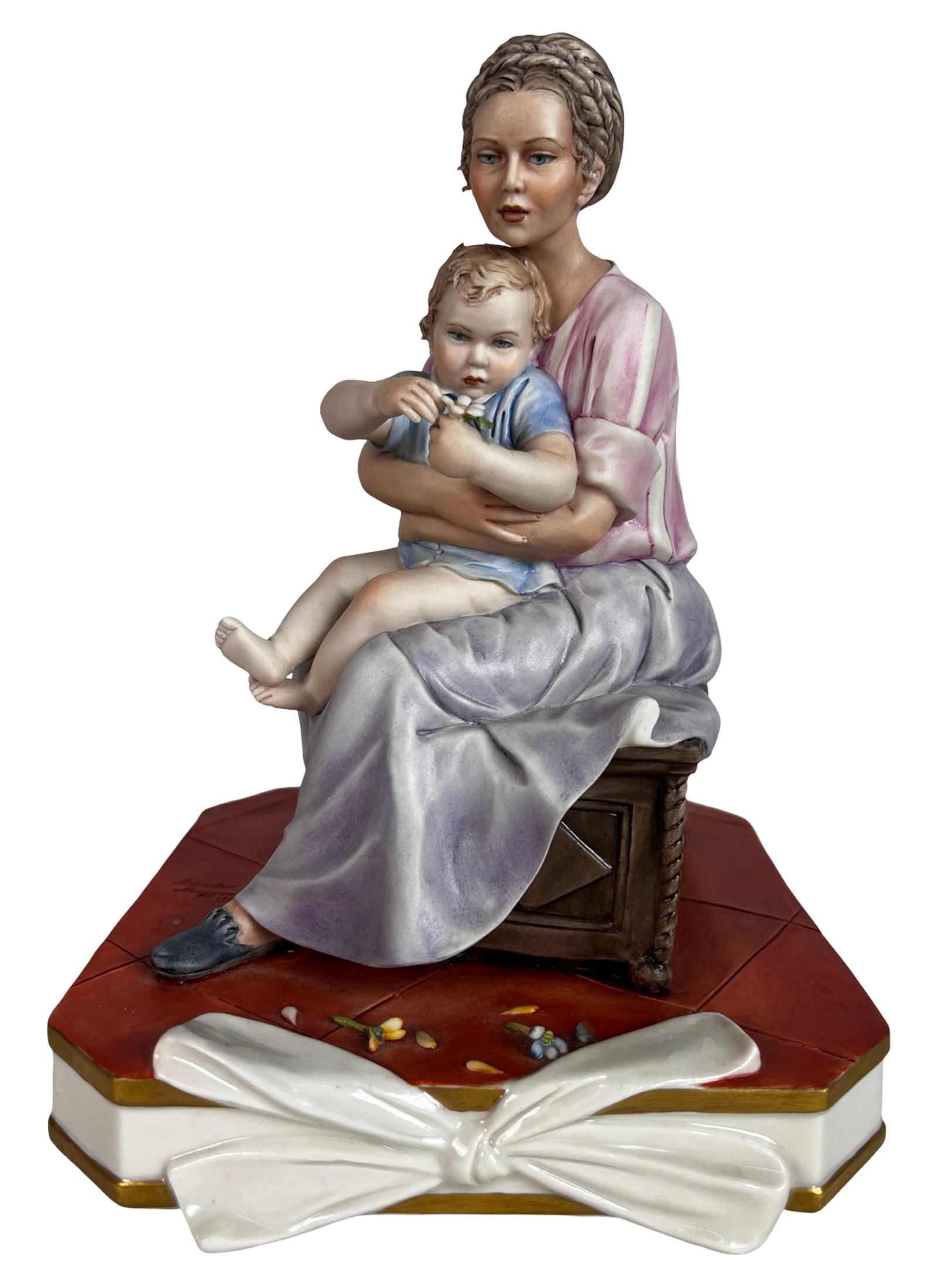 Sandro Maggiani Capodimonte Porcelain Figurine: Delicate and finely modeled Capodimonte porcelain figurine depicting a tender moment between a mother and her young child. The seated figures are rendered with expressive detail and hand-painted in so
