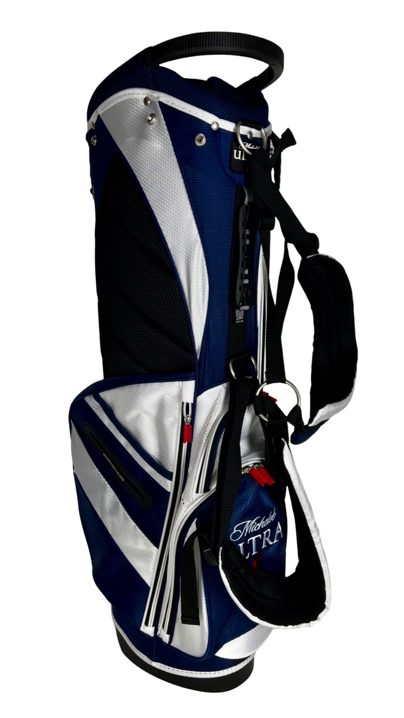 Michelob Ultra Branded Stand Golf Club Bag New: New Michelob Ultra branded stand golf bag in a blue, white, and black colorway. This lightweight carry bag features a built-in dual-leg stand system, padded shoulder strap for comfortable carrying,