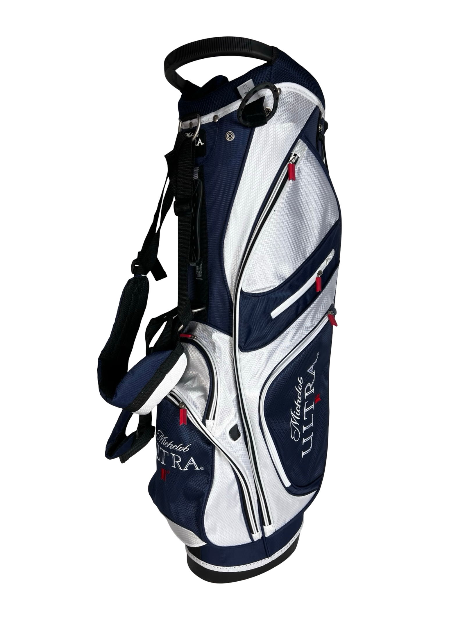 Michelob Ultra Branded Stand Golf Bag- New: Lightweight stand golf bag featuring prominent Michelob Ultra branding in a navy blue and white color scheme. Designed with a built-in dual-leg stand system, padded shoulder strap, and multiple