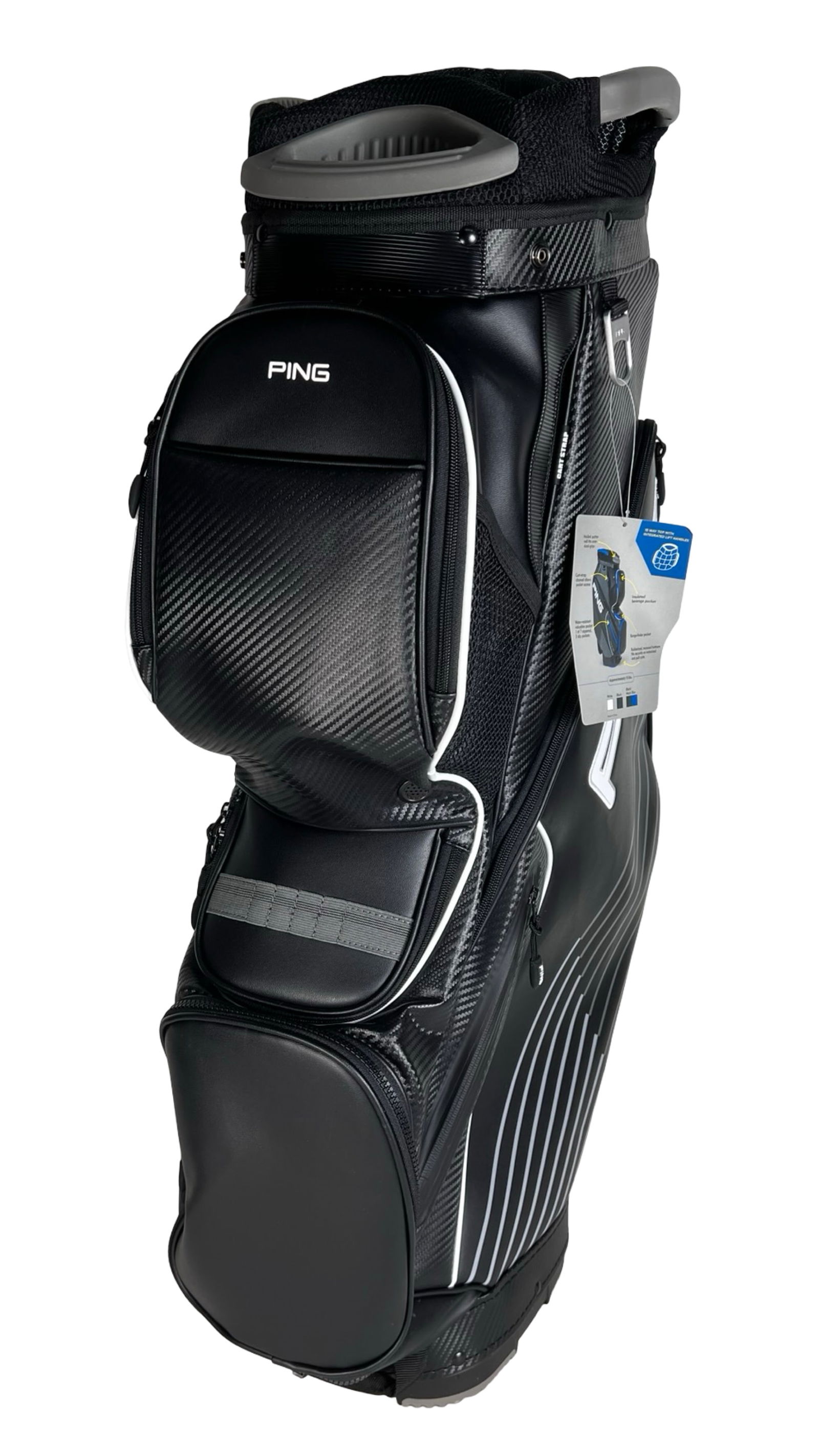 PING DLX Black Golf Cart Bag - New: High-end PING DLX golf cart bag in a sleek black finish, new and unused with original hang tag attached. Designed for maximum storage and on-cart convenience, this bag features a sturdy molded base,