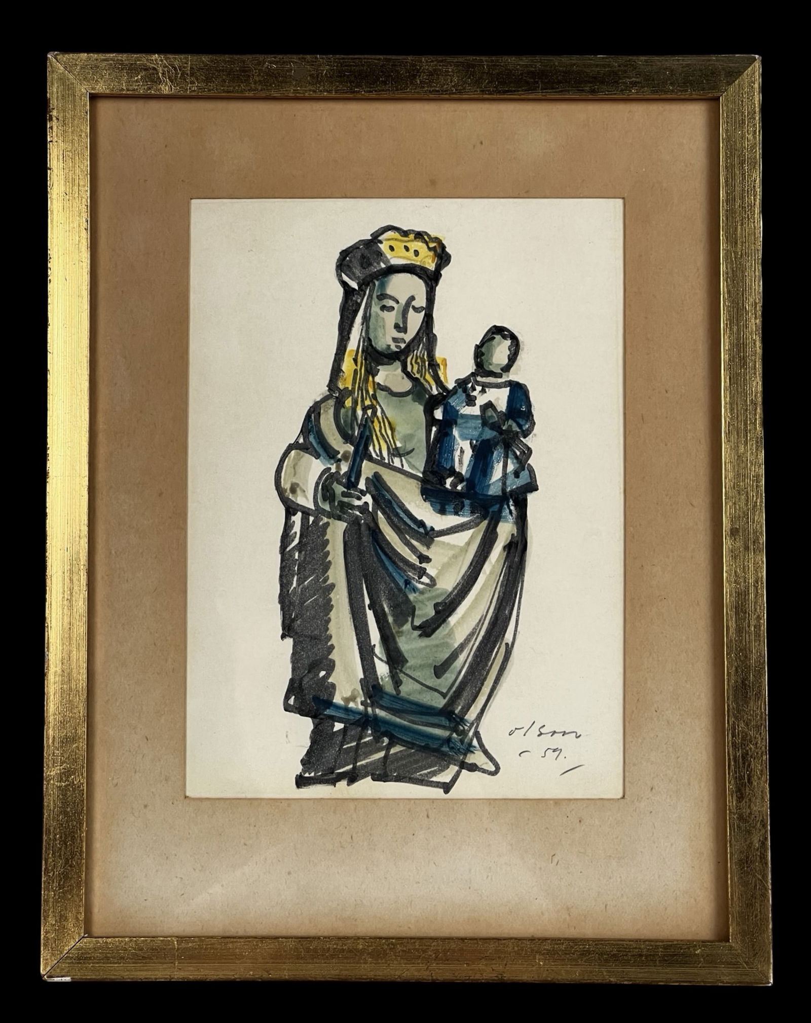 MCM Watercolor Madonna & Child by Olson 1959: Expressive Mid-Century Modern watercolor and ink painting depicting a stylized Madonna holding the Christ Child. Executed with loose, confident brushwork and a restrained palette of muted greens,