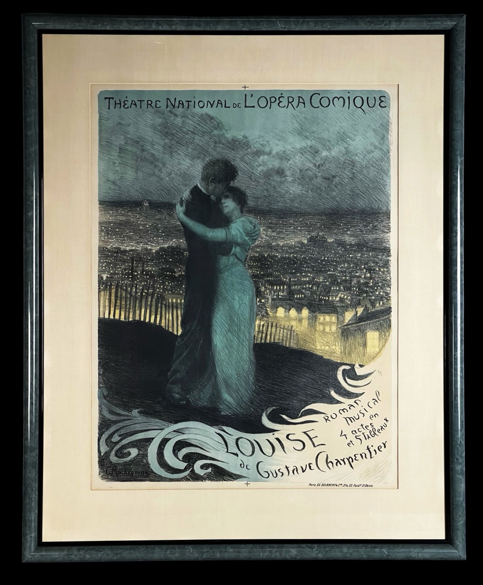 Antique French Opera Lithograph Poster "Louise": Striking original French lithograph advertising poster for Louise, a four-act musical drama composed by Gustave Charpentier and staged at the Theatre National de l'Opera Comique. The composition