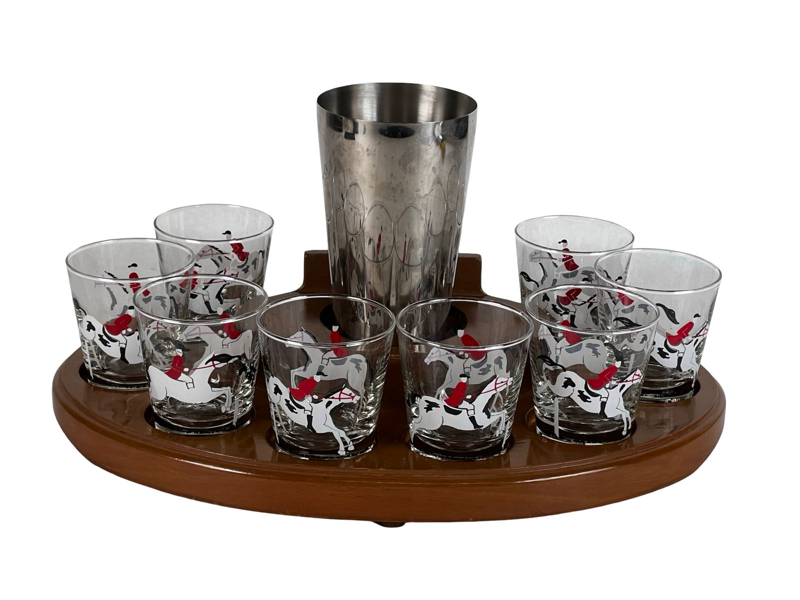 50s Libbey "Tally Ho" Old Fashion Whiskey Glasses: Charming vintage barware set featuring eight Libbey "Tally Ho" old fashion whiskey glasses, each decorated with a spirited equestrian and rider motif in red, black, and white. The glasses measure appr