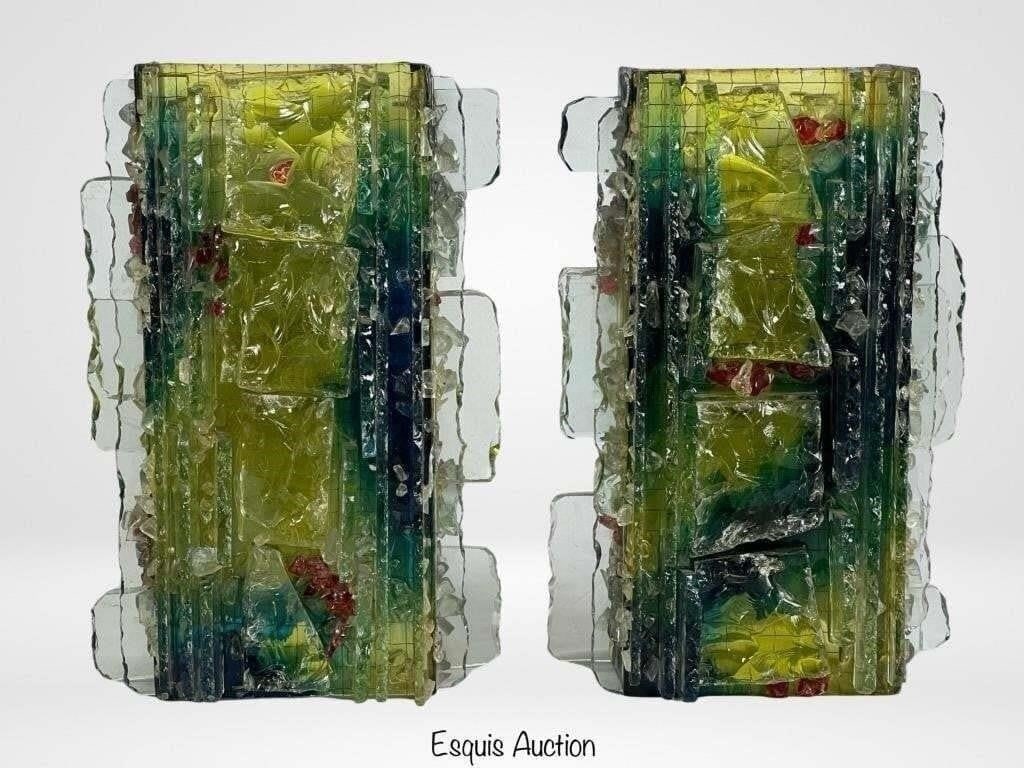Wall Lamps by Willem Van Oyen Willem for Raak: This striking pair of Brutalist "Chartres" wall lights, crafted in richly colored glass combined with shards of polished glass, exemplifies the bold and innovative vision of designer Willem van Oyen f