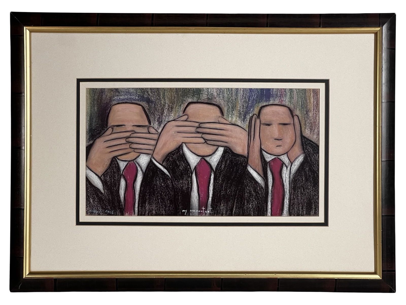 David Ross Contemporary Figurative Pastel Painting: Expressive contemporary figurative pastel by David Ross, depicting three suited figures posed in a symbolic "see no evil, hear no evil, speak no evil" arrangement. Executed in an expressionist-leaning