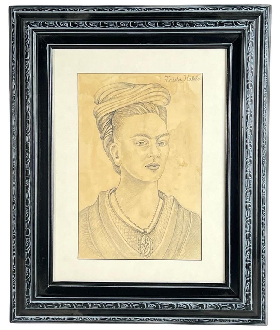 Frida Kahlo (manner)- Pencil Drawing Self-Portrait: Delicately rendered in graphite, this portrait depicts a poised female figure resembling iconic self-portraits of Frida Kahlo, complete with braided updo and symbolic jewelry. The drawing is signed "F