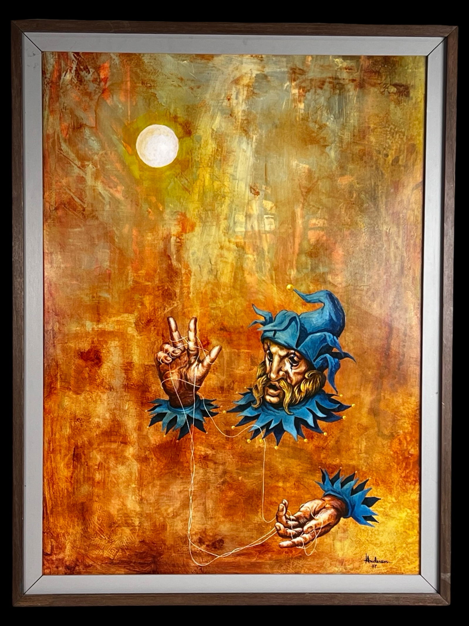 Anderson Surrealist Jester Allegorical Painting: Surrealist oil painting depicting a fragmented jester figure set against a richly textured field of ochres and warm earth tones. The composition features a jester's head and hands suspended and connec